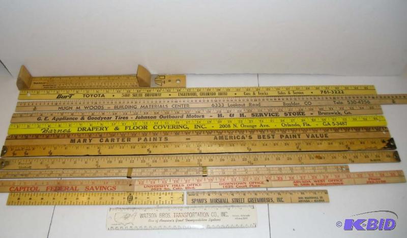 lot 20012 image: Variety of vintage Advertising Yardsticks, Westcott, Folding, Rulers, Ritz Shoe Sizer