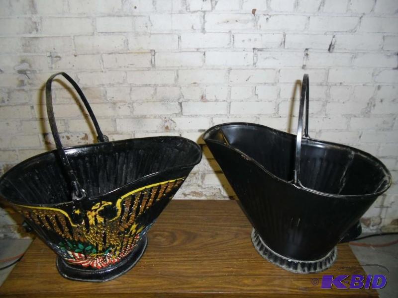 lot 20022 image: 2 Black Metal Coal Buckets - Early American Eagle Flag