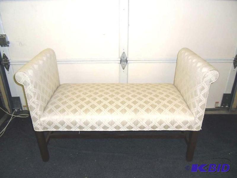 lot 20029 image: Upholstered White Bench High Rolled Arms 52 long