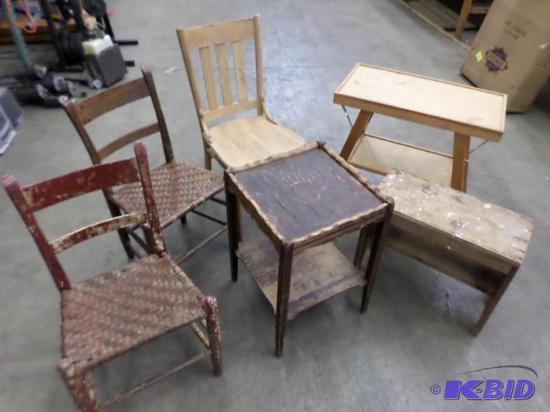 lot 122 image: Lot Of Vintage Wooden Chairs & Side Table...