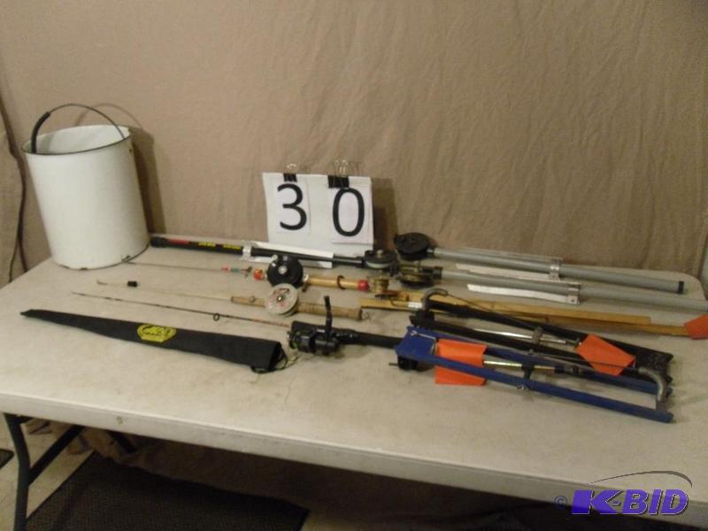 Ice Fishing Poles, Tip Ups, Enamel Pot  Kett...