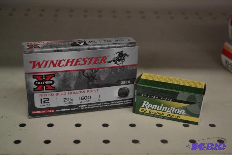 lot 56 image: One Box 12 Ga. Slugs, One Box .22 Long Rifle Rounds