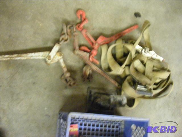 lot 45 image: Three chain binders, Jack and Tie down straps...