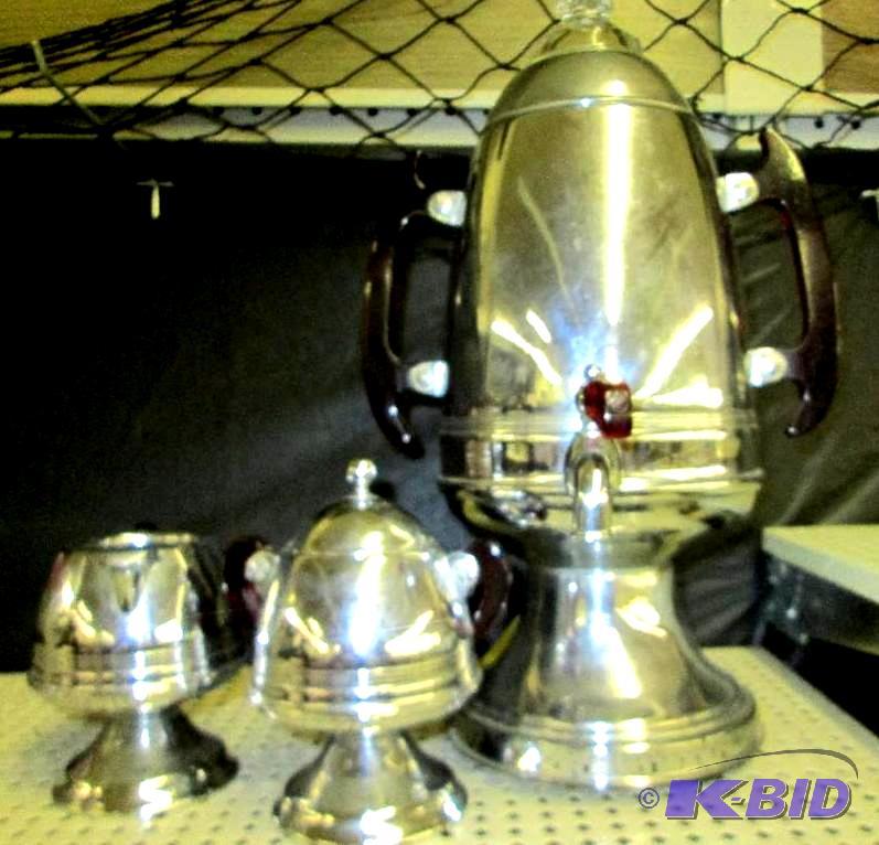 lot 125 image: Vintage coffee pot with cream and sugar dishe...