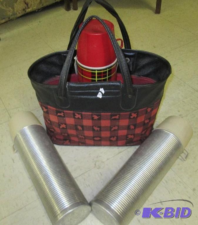 lot 130 image: Vintage Thermos trio with holder...