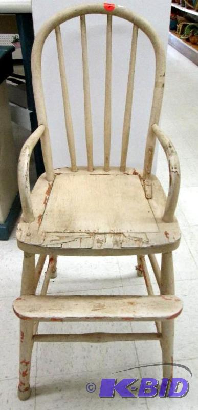 lot 2 image: Antique cream colored childs chair with foot ...