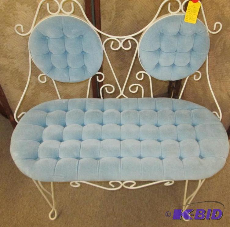 lot 34 image: 2 seat bench blue upholstry- matches lot 35...