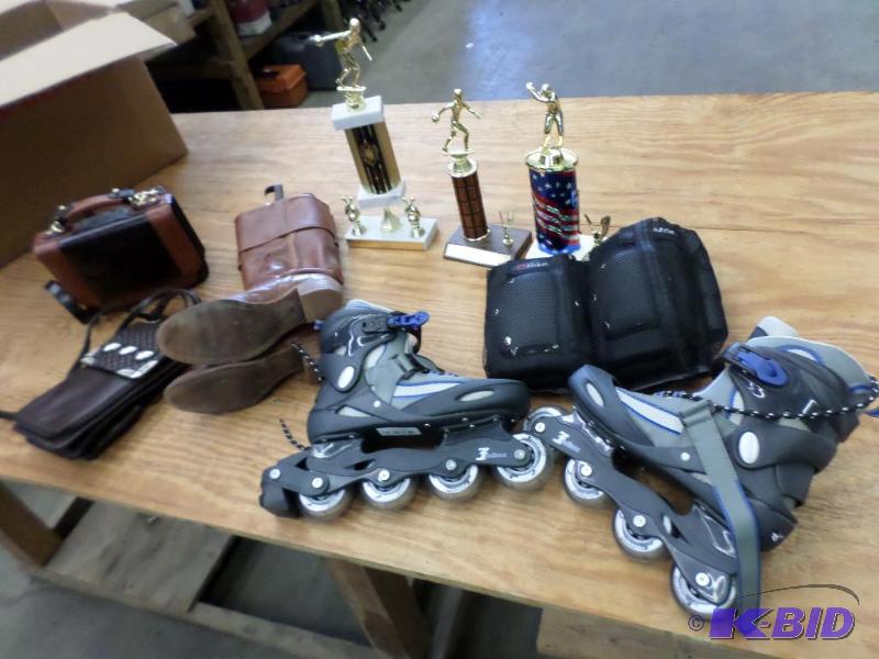 lot 103 image: Lot Of Misc Trophies, Roller Blades, Boots, H...