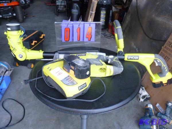lot 14 image: Ryobi weed trimmer and reciprocating saw. 2 b...