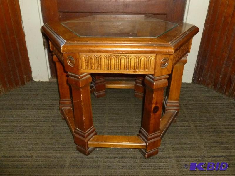 lot 48 image: Nice solid wood octagon shaped glass top end ...