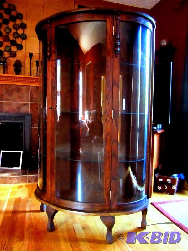 lot 23 image: Victorian Bow Front OAK China Cabinet Queen Anne Legs Colonial Spindle Accents