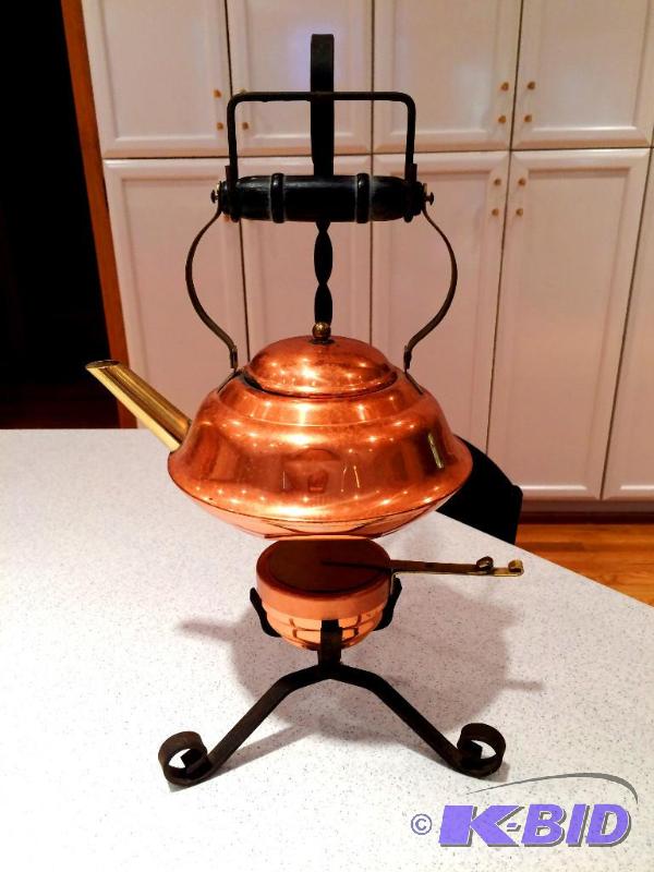 lot 3 image: VINTAGE COPPERCRAFT GUILD COPPER TEAPOT with BLACK WROUGHT IRON WARMING STAND