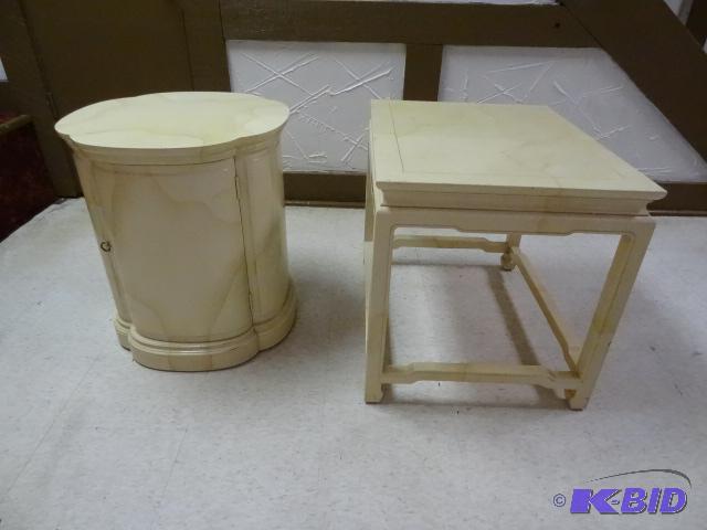 Pair of Henredon side tables with faux goatsk...