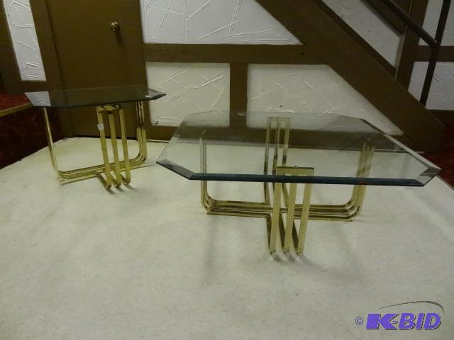 Brass and glass coffee and side table with be...