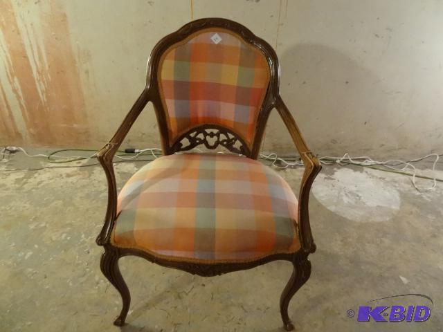 Carved french occasional chair. Fun plaid uph...