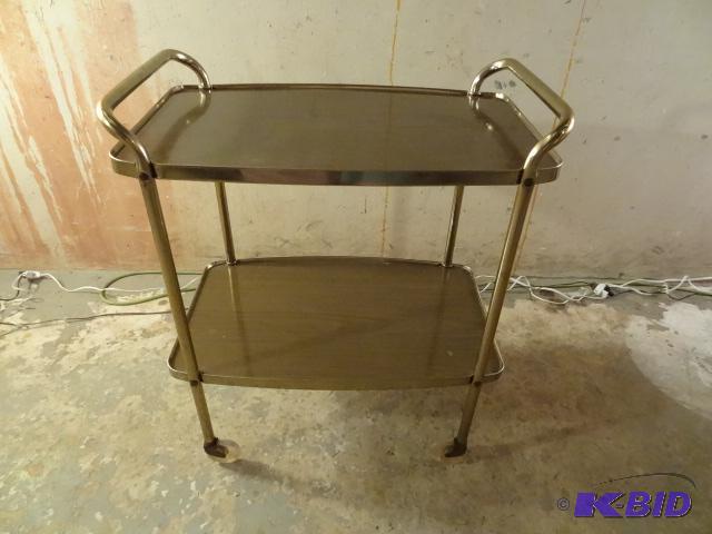 Brass and formica Walnut bar cart or server. ...
