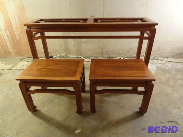 Asian sofa table with 2 benches. 2 glass inse...