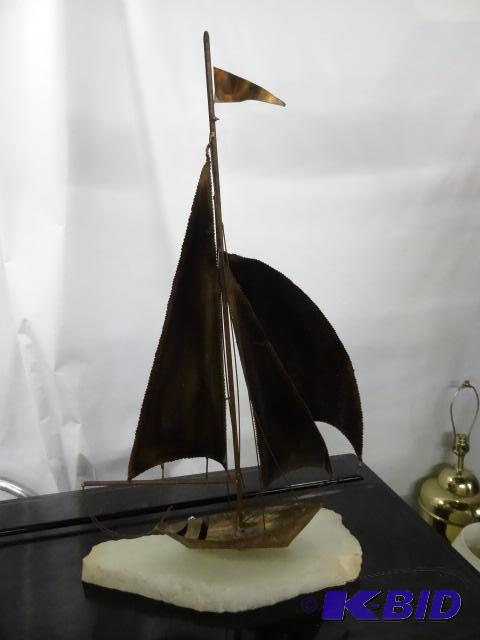 XL mid century metal and copper sail boat on ...