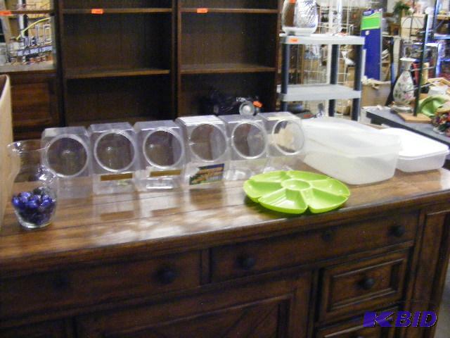 6 counter top containers, glass jar, serving ...