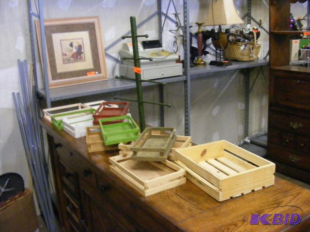 11 wooden crates, various sizes. 1 display tr...