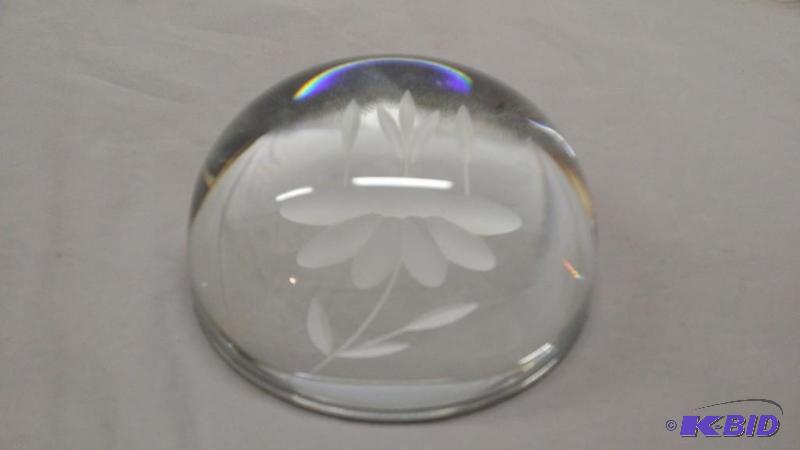 Blown glass paper weight, etched bottom in gr...