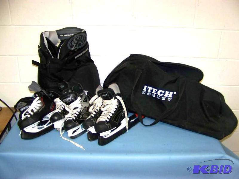 lot 3 image: (3) Pairs of Hockey Skates, (1) Pair of Breezers and (1) Hockey Bag