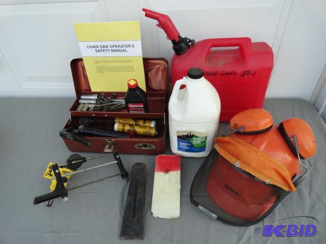 lot 53 image: Chainsaw equipment including safety helmet, c...