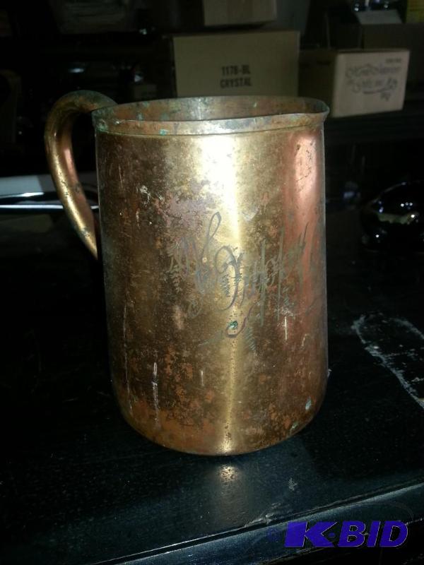 Vintage Brass Pitcher Etched &quotHappy Days...