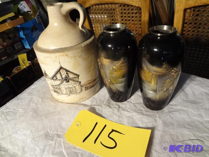 Pair of Japanese Etched Metal Urns, Stoneware jug