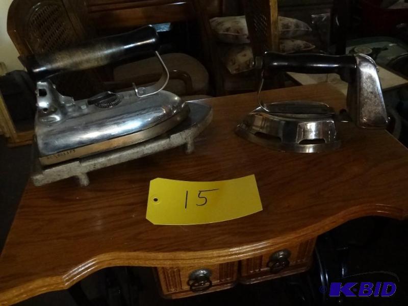 Two old irons, Solid Copper base on one, one gas powered