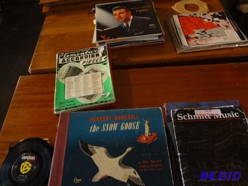 Lot of 78s, Lps, 45s, and colerful sheet music