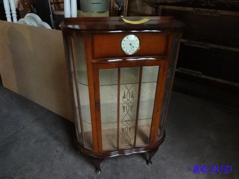 English Curved Glass Cabinet wbuilt in clock