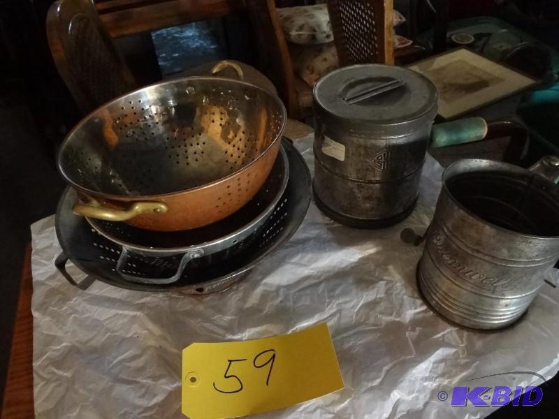 3 Antique Colanders, one solid copper, 2 flour sifters