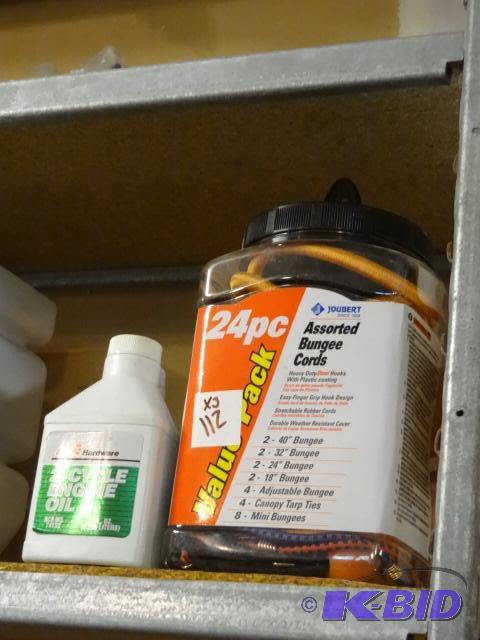 lot 112 image: 2 Cycle Engine Oil. Assorted Bungee Cords....
