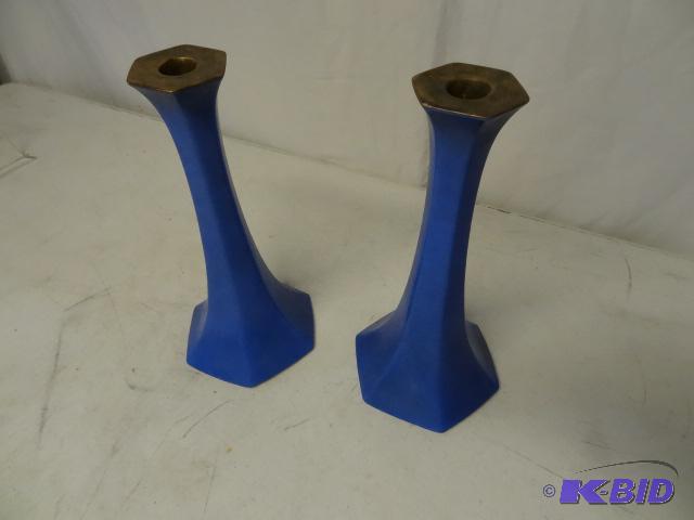 lot 137 image: 2 blue Himoges candlesticks...