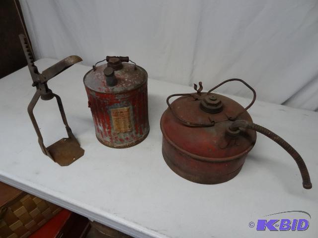 lot 37 image: 2 gas cans. Bottle cap corker....