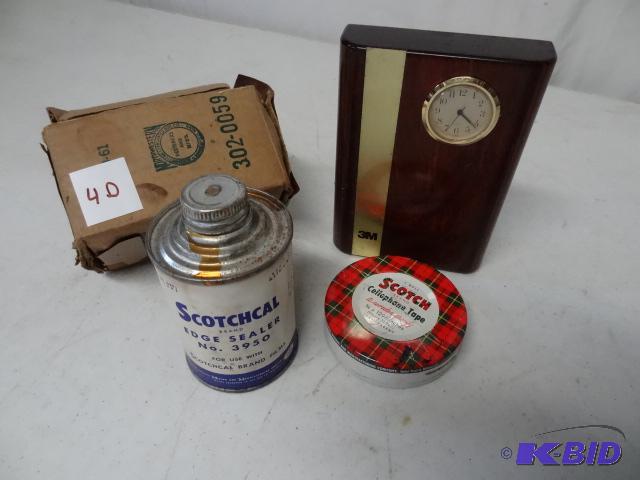 lot 40 image: 3M products. Clock. Scotch tape tin....