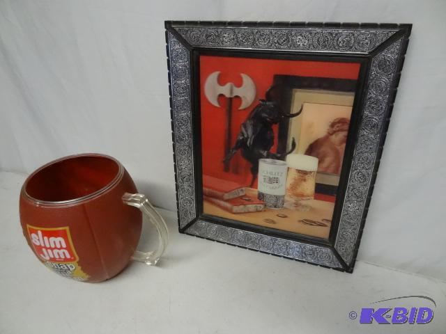 lot 41 image: Schlitz hologram. Slim Jim football mug...