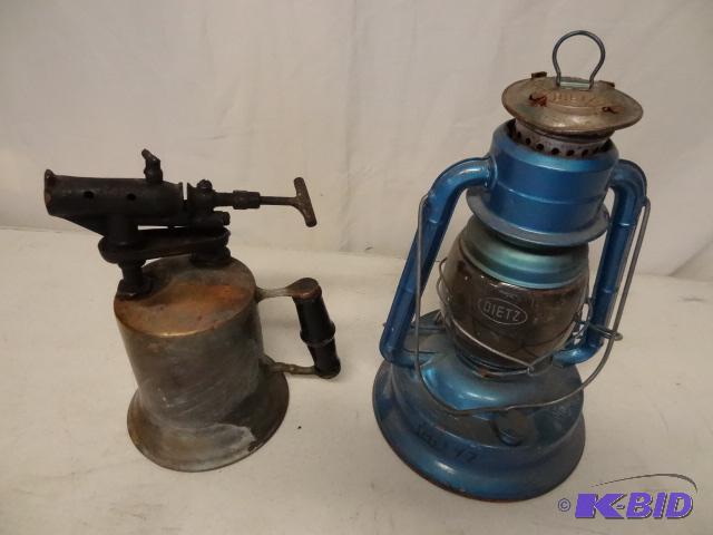 lot 68 image: Dietz kerosene lantern. Brass blow torch...