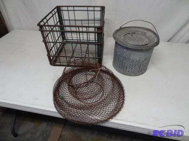 lot 8 image: Milk crate. Minnow bucket. Live net...