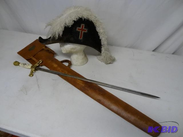 lot 92 image: Knights temple sword and hat...