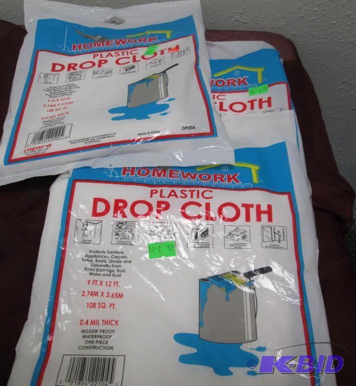 Qty 3 Homework Plastic Drop cloth 9ft x 12ft...
