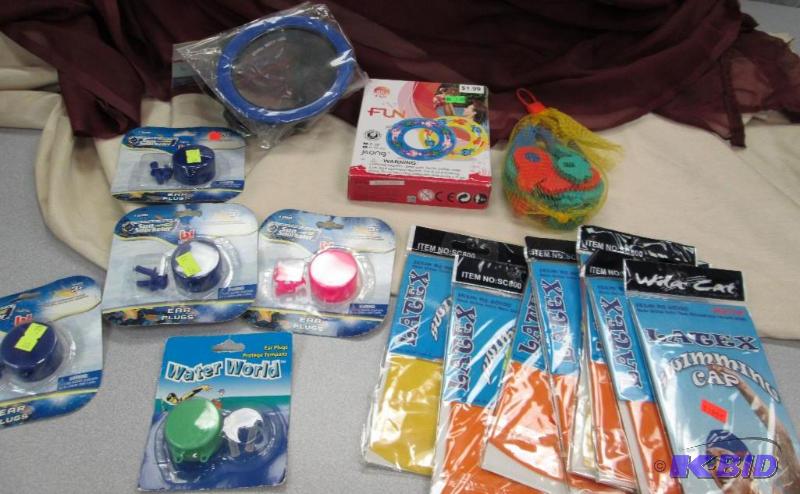 Qty 16 Water World ear plugs, swim cap, carto...