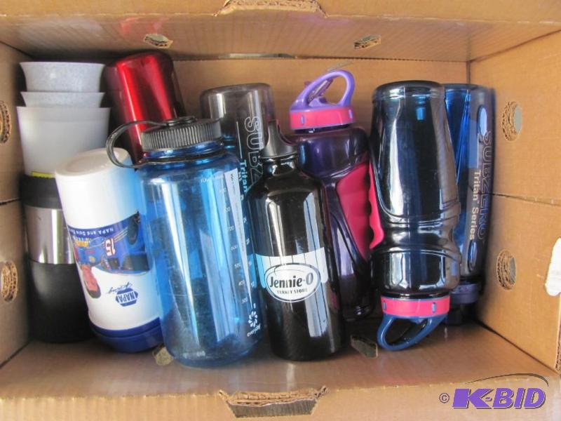 Box of Plastic Water Bottles and Glasses
