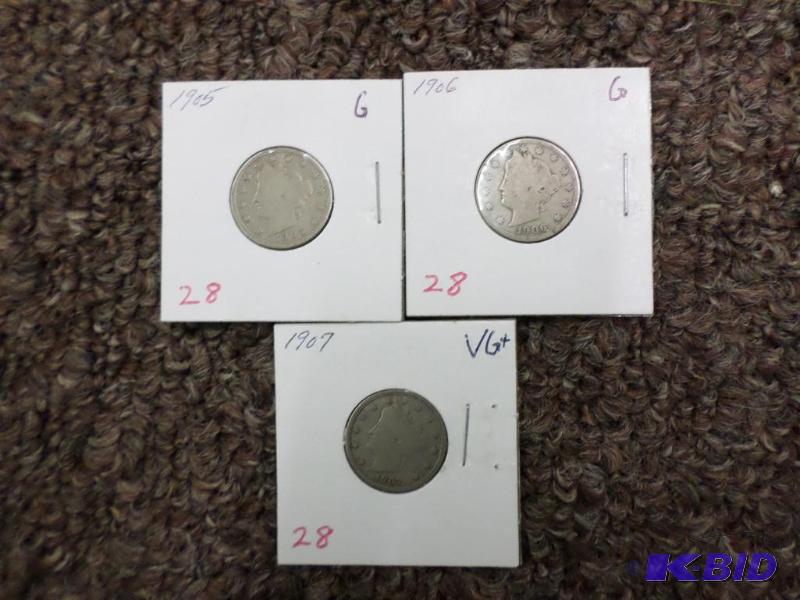 1905 G, 1906 G, 1907 VG, Liberty V Nickels...