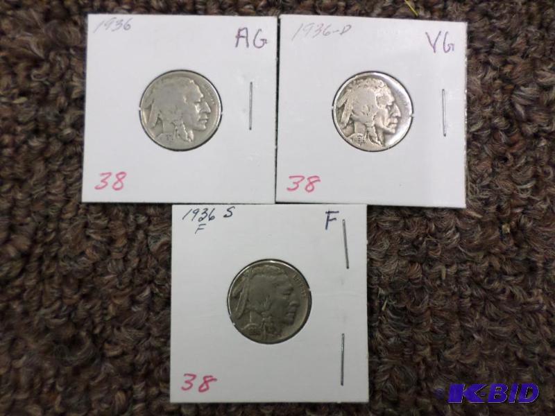 1936 AG, 1936-D VG, 1936-S F, Buffalo Nickels...