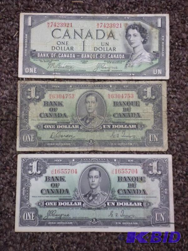 3 Canadian one dollar bills (2) 1937, (1) 195...
