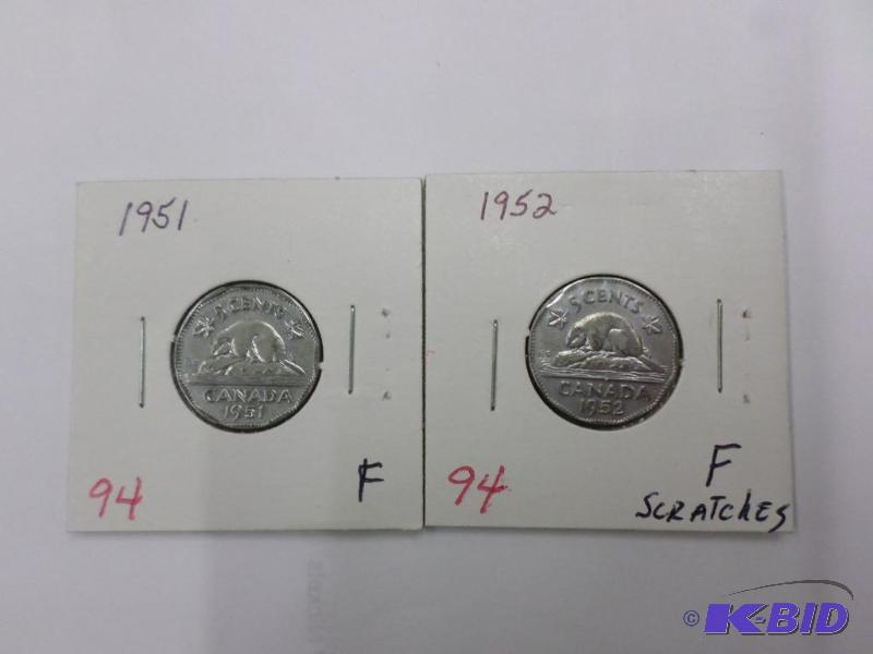 1951 F, 1952 F (scratches) Canadian Nickels...