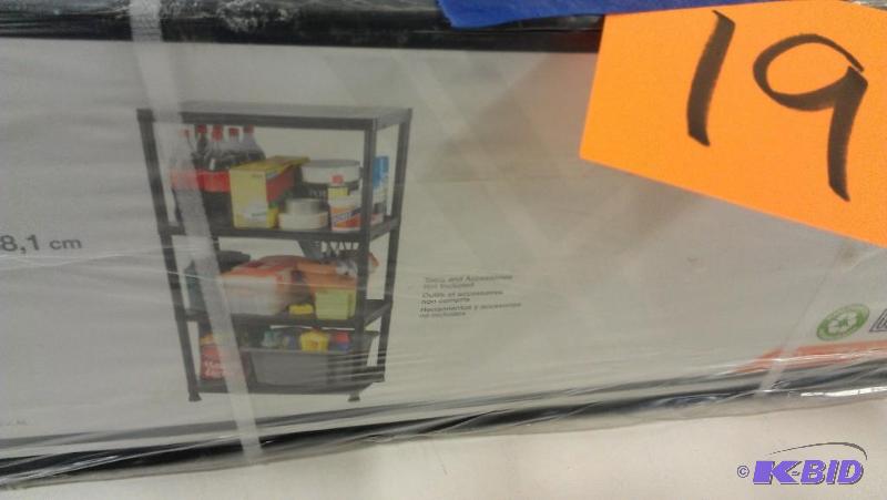 lot 19 image: Four Shelf Storage Unit. Plastic 28" x 1...