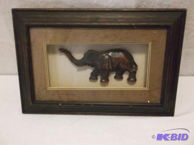 lot 81 image: Framed wood carved elephant frame measuring 1...
